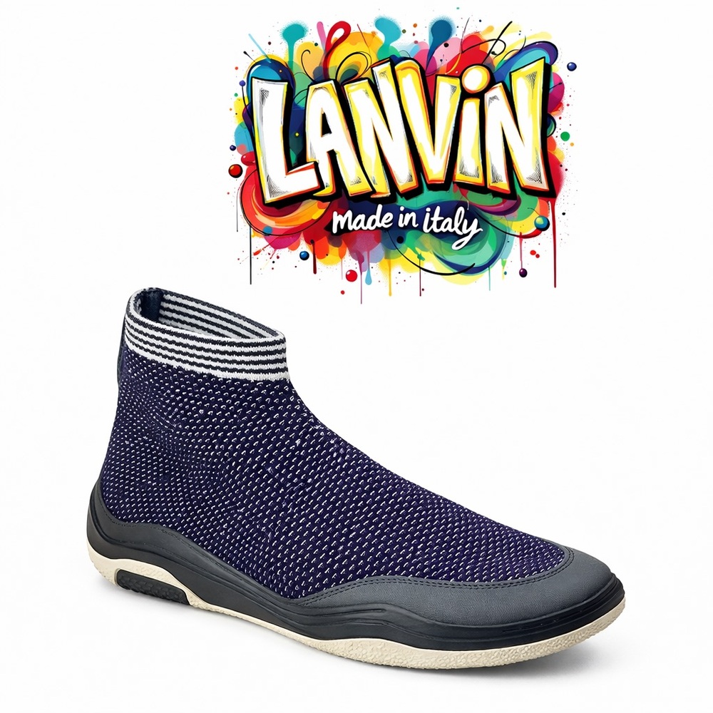 Lanvin Sock Sneakers Men’s Size 11 White Blue Knit Low Top Designer EUC